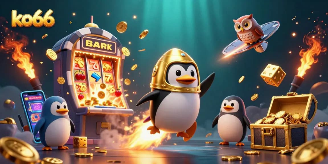 Experience the thrilling excitement of ko66 with a 3D penguin racing towards a glowing casino station!