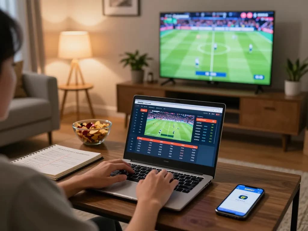 SBOBET Đăng Nhập in action on a cozy home gaming setup, showcasing a sports betting interface on a laptop.