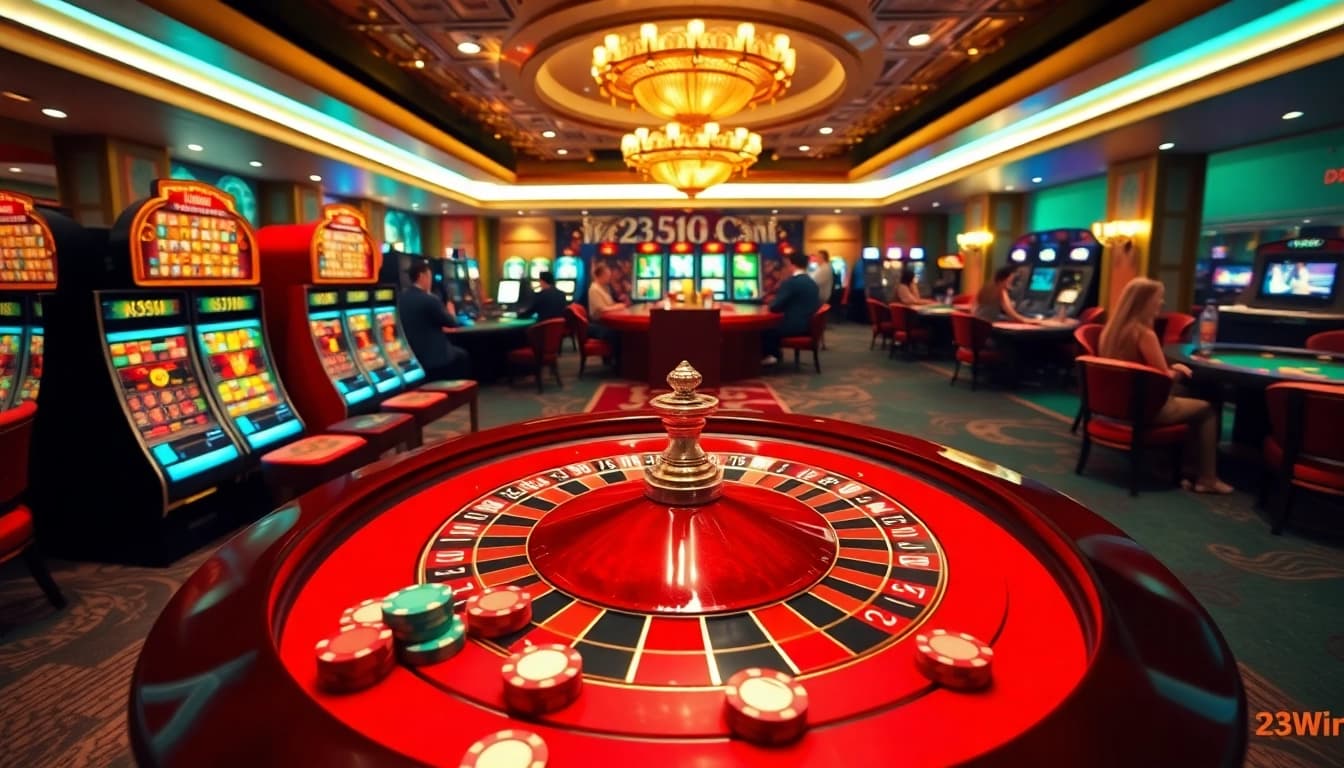 Experience the exhilarating atmosphere at 23Win com nhà cái, featuring vibrant casino games and excited players.