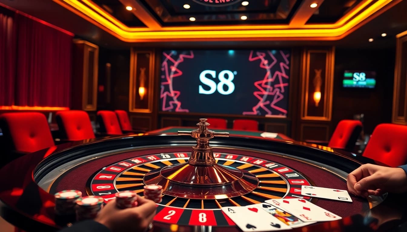 S8 casino gaming scene with roulette table, poker chips, and cards in a luxurious setting