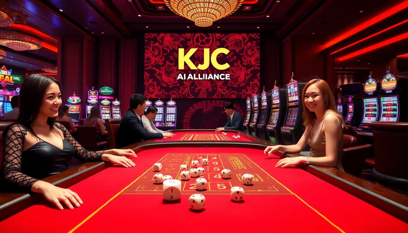 KJC promotes a vibrant casino gaming experience with players enjoying poker games and slot machines.