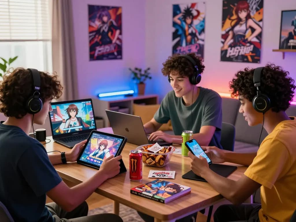 Friends enjoying free porn games together on multiple devices in a cozy gaming setup.
