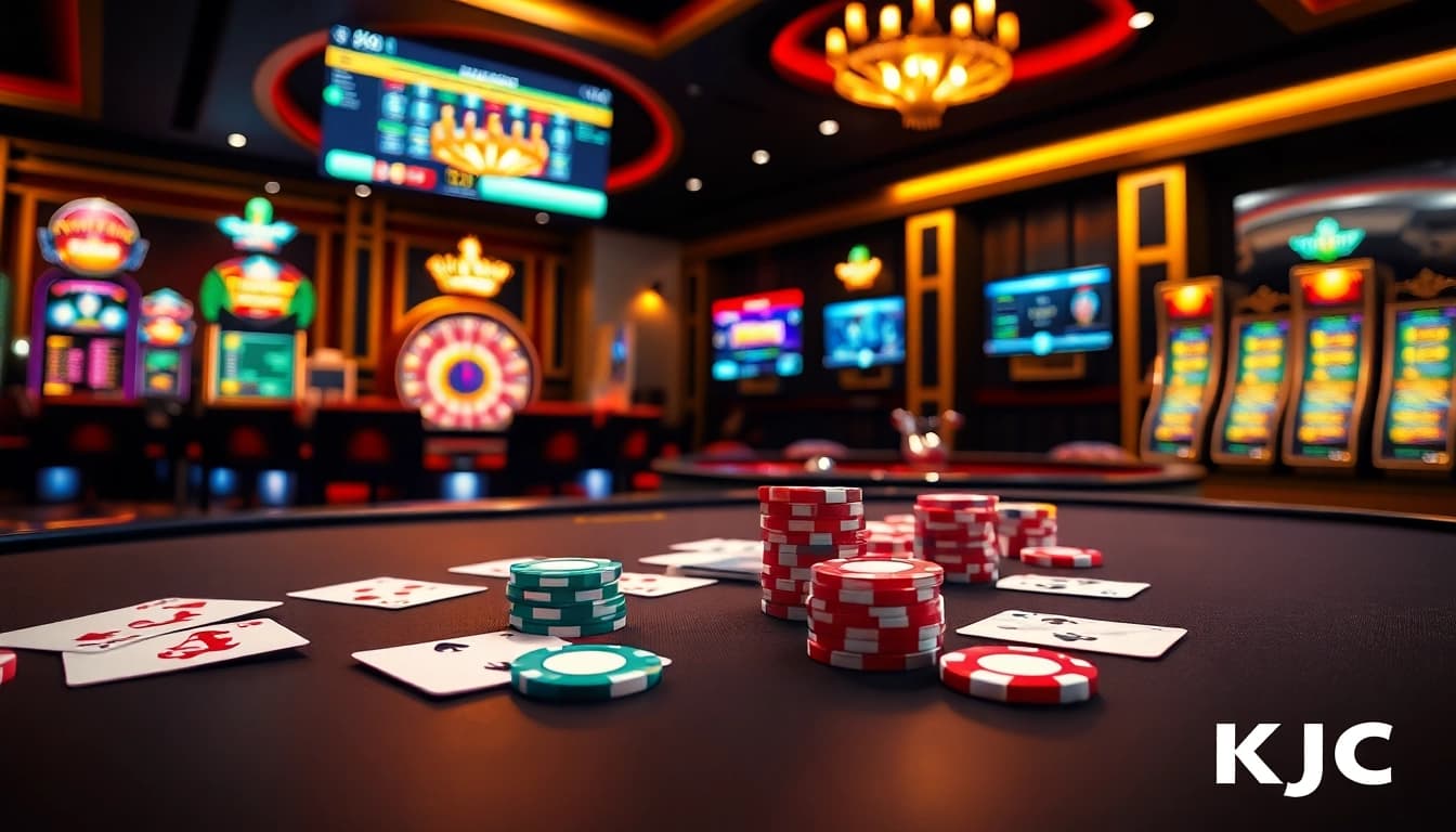 KJC casino scene showcasing vibrant poker tables, slot machines, and live betting excitement