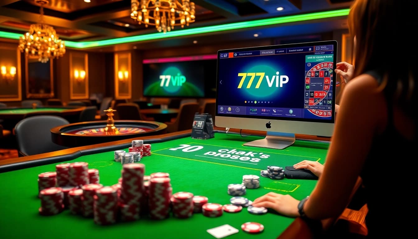 Players excitedly engage with the online gambling interface at https://777vip.bio/, showcasing a vibrant casino scene.
