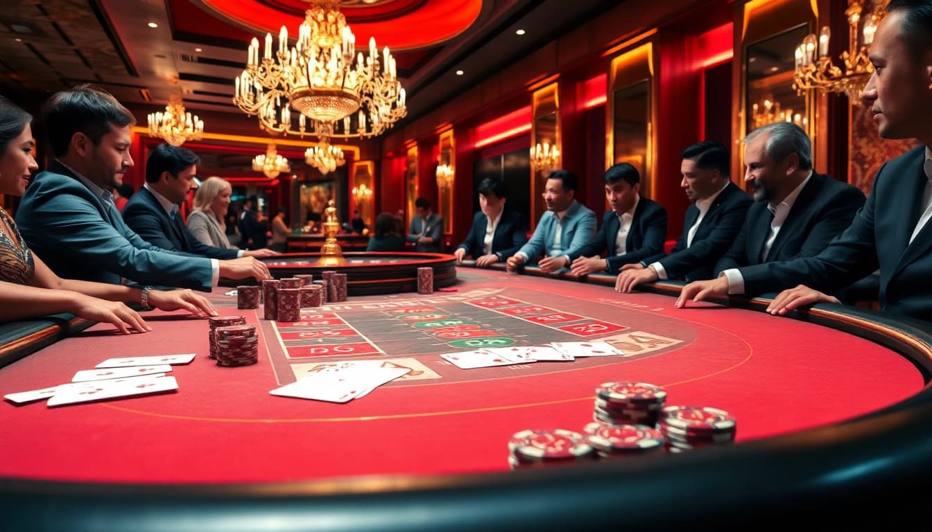 Players engaging at an okwin gaming table in a luxurious casino atmosphere with vibrant decor.