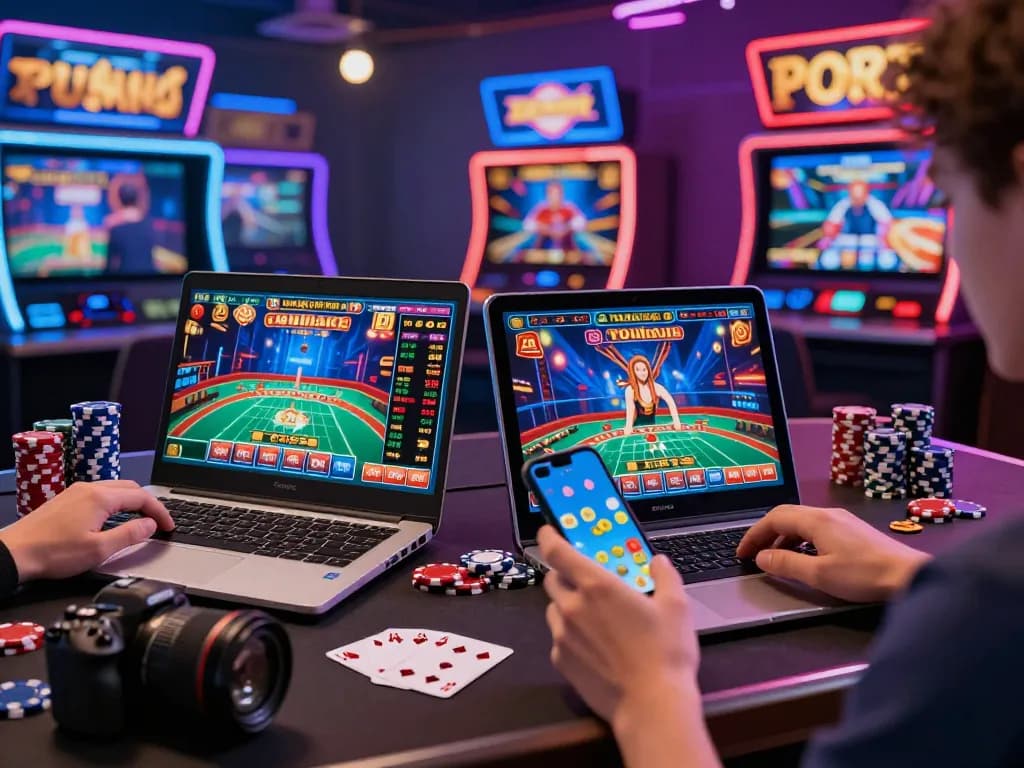 Engaging scene of a user at https://hitclub68s.com/ exploring vibrant online casino games on multiple devices.