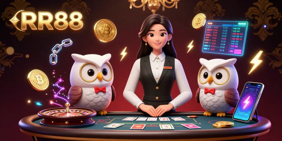 Experience thrilling baccarat with RR88 featuring elegant dealers and vibrant crypto elements.