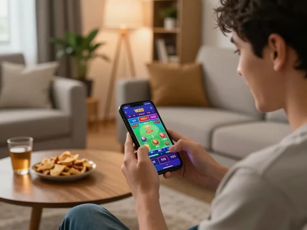 W88 app user strategizing for online gambling in a cozy living room.