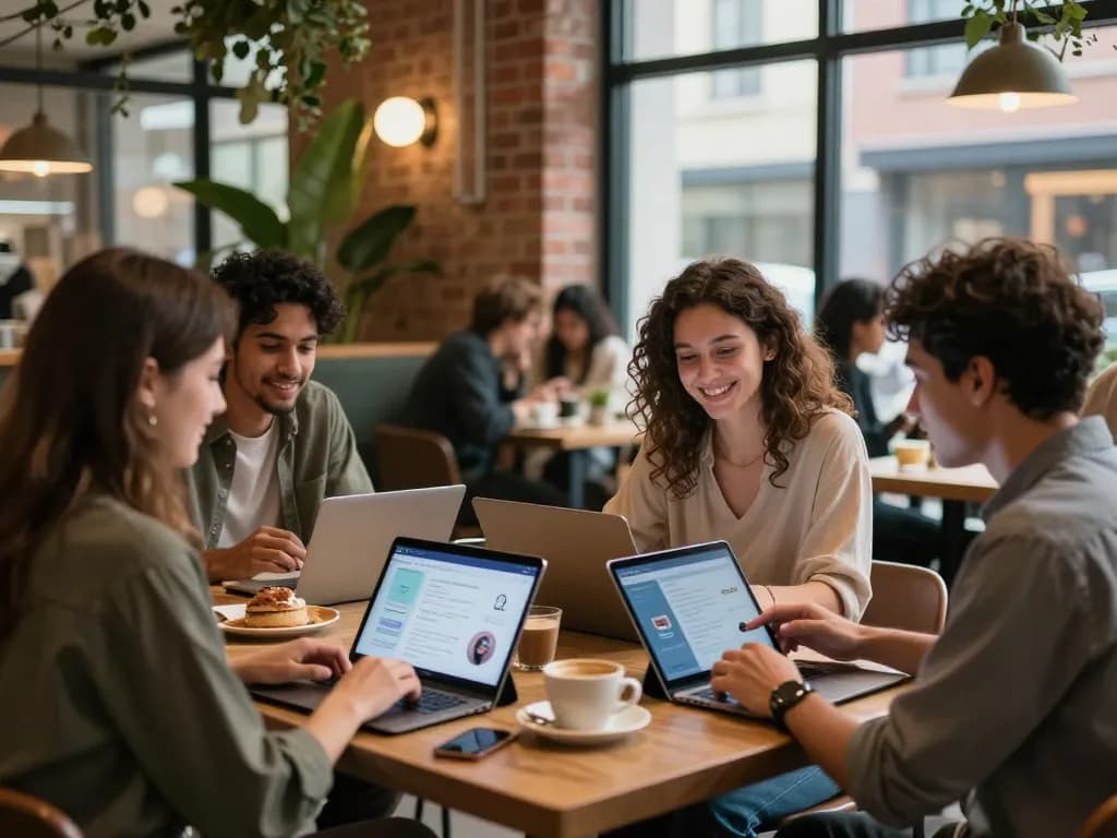 Young adults interacting with AI chatbots in a vibrant café setting, exploring sex ai.