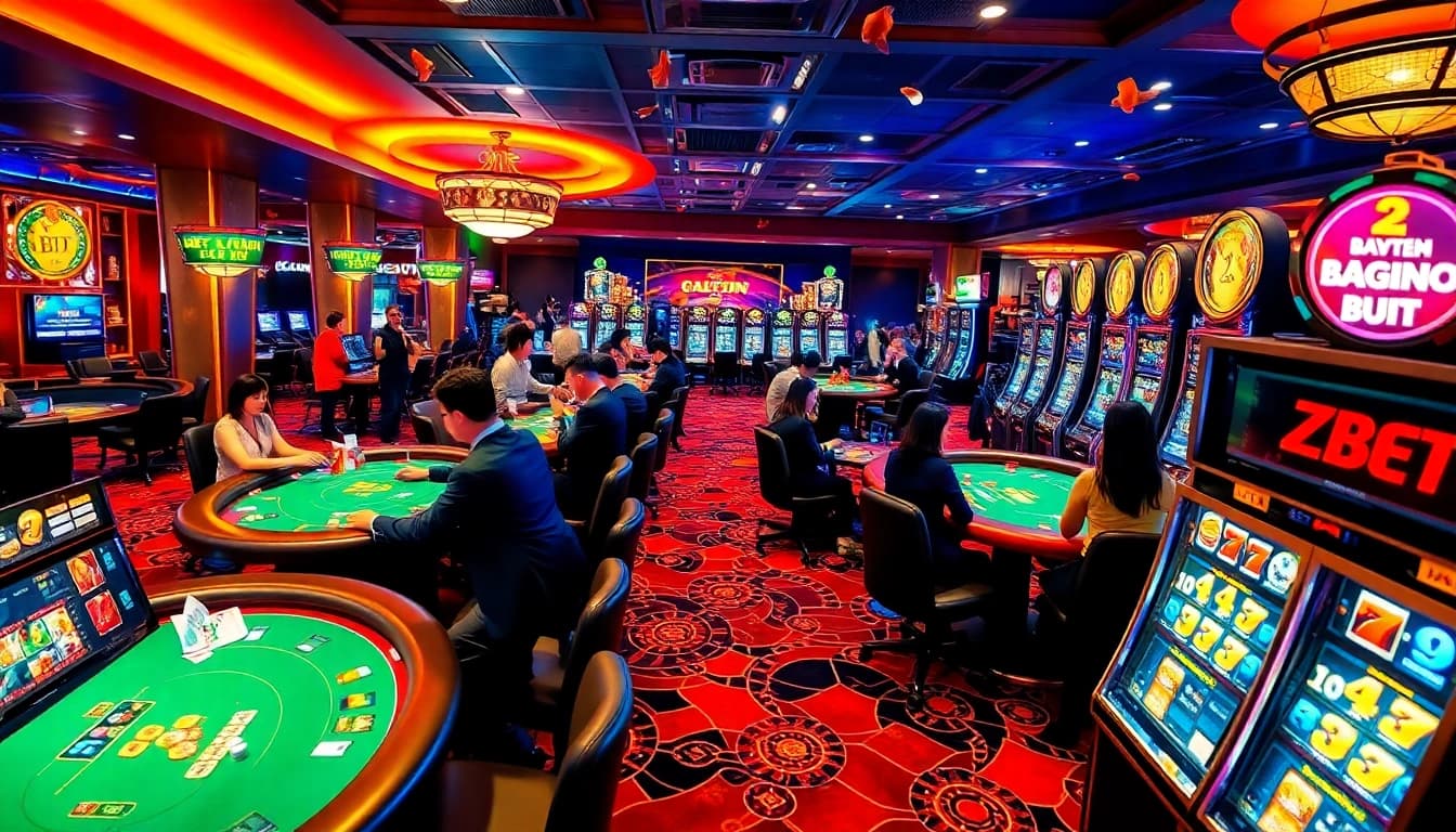 Zbet có uy tín không with vibrant casino action, showcasing engaging players at blackjack tables.
