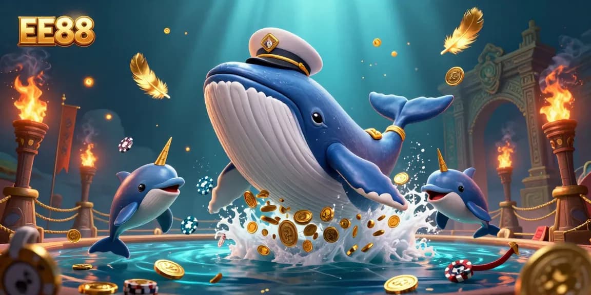 EE88 showcases a vibrant 3D illustration of a cartoon whale and casino elements, breaching through coins.