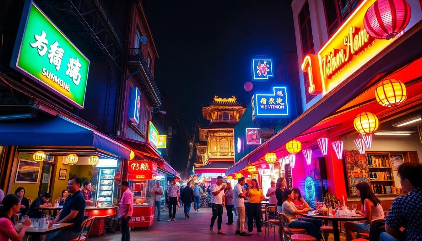 Immersive scene of 베트남밤문화 showcasing vibrant nightlife with neon lights and outdoor cafes.