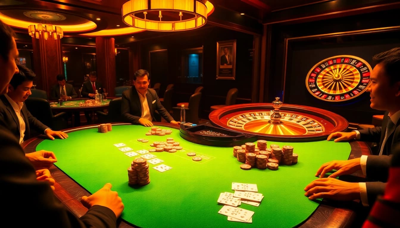 Exciting poker game at a luxurious casino with vibrant chips and cards, featuring https://mk8th.net/ betting action.
