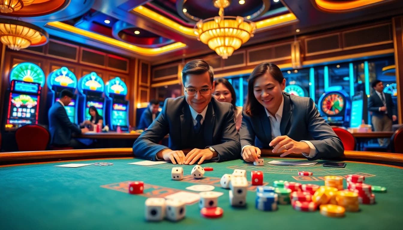 Engaging players at a tài xỉu md5 gaming table in a luxurious casino atmosphere.
