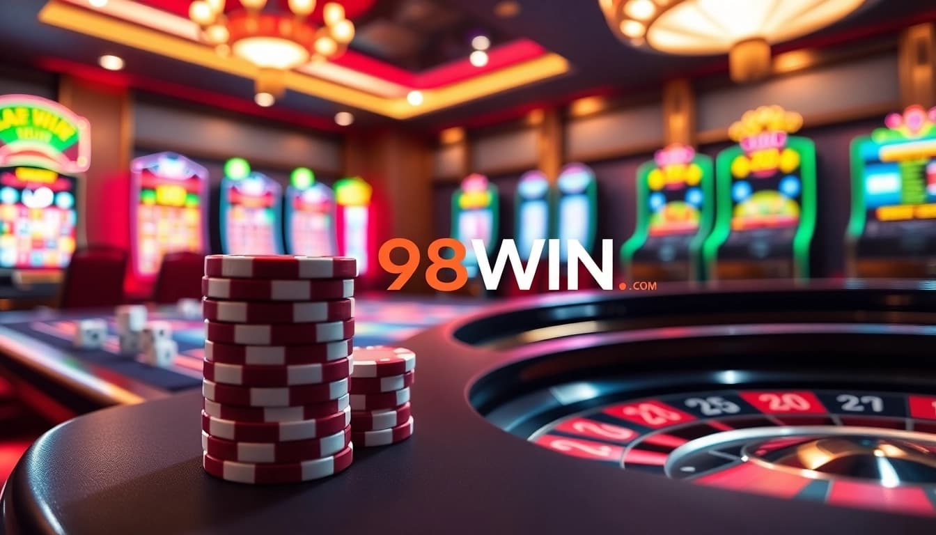 Experience the thrill of online gambling at 98WIN with vibrant casino tables and exciting game elements.