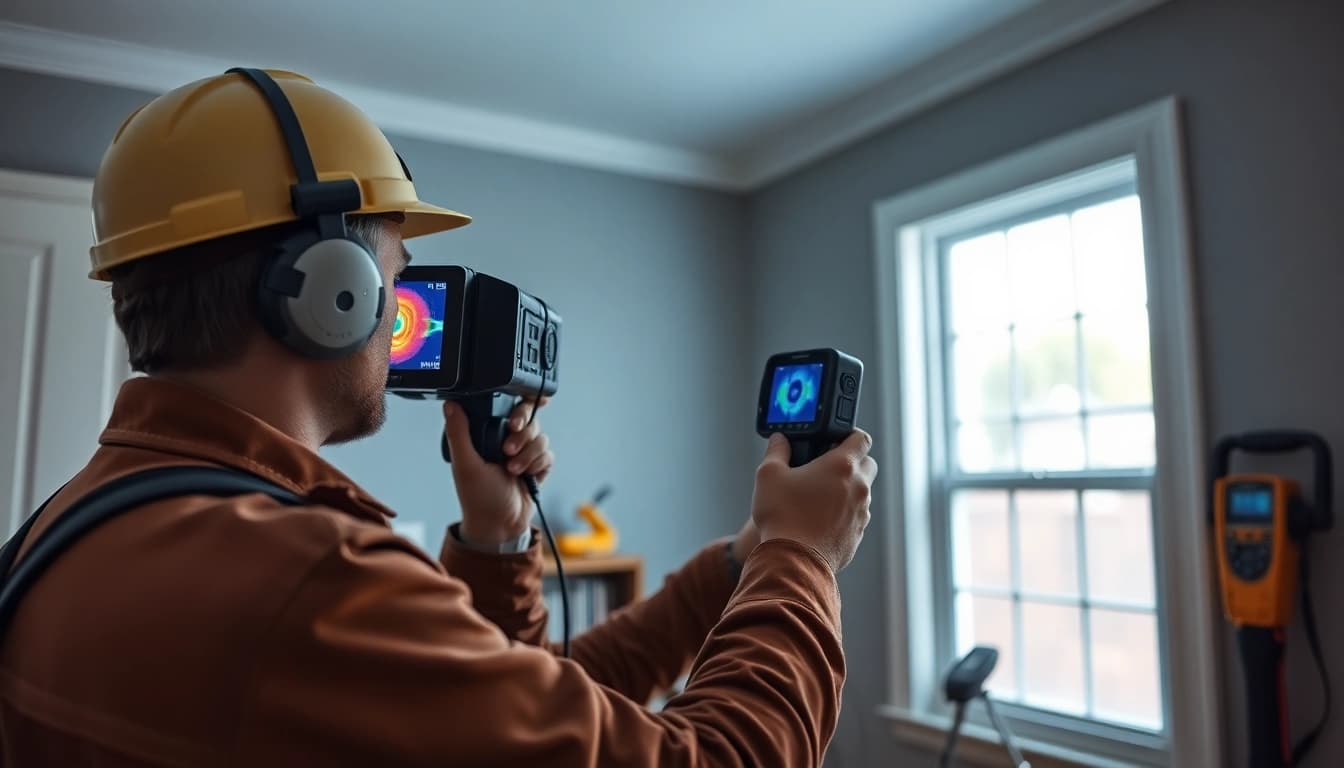 Leak detection technician using thermal imaging to identify water leaks in a home.