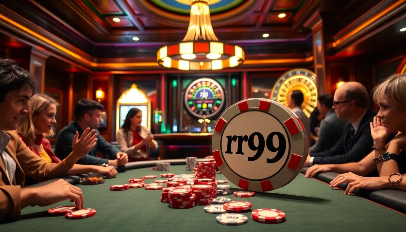Players enjoying poker at a casino table showcasing rr 99 chips and cards, with a vibrant atmosphere.