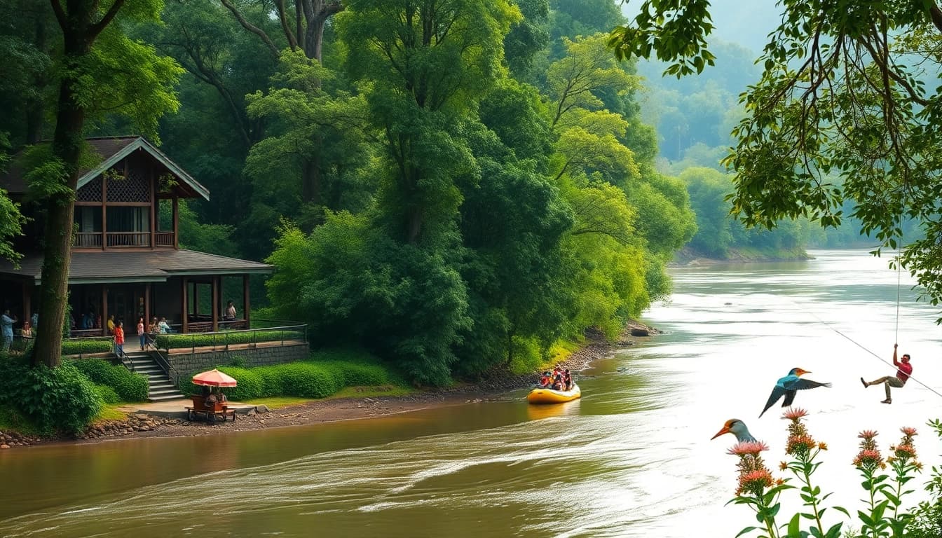 Dandeli Hotels with lush greenery, riverside views, and adventure activities like river rafting.