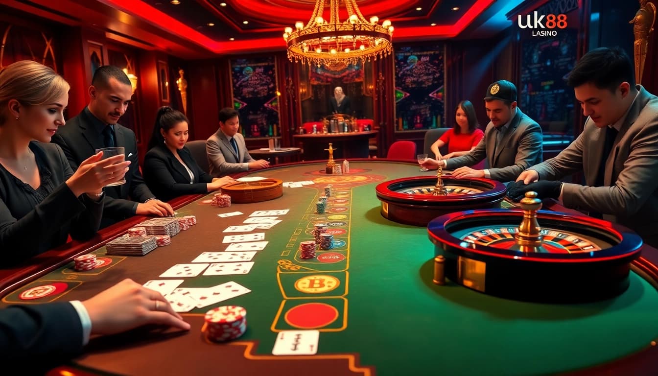 Engage in thrilling online casino action at uk88 nhà cái with colorful poker chips and dynamic game tables.