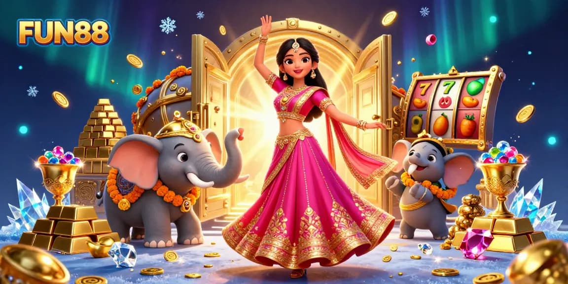 Experience FUN88's thrilling slot action with vibrant imagery of a Bollywood dance, jewels, and golden treasures.