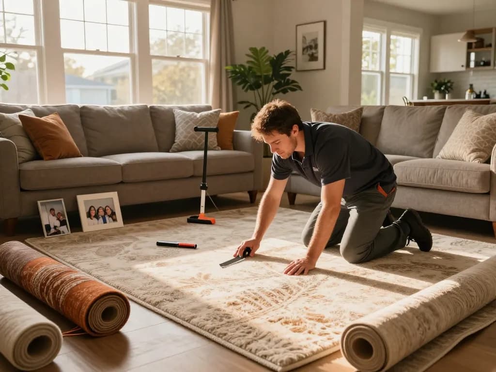 Professional carpet fitters near me installing plush carpet in a modern living room