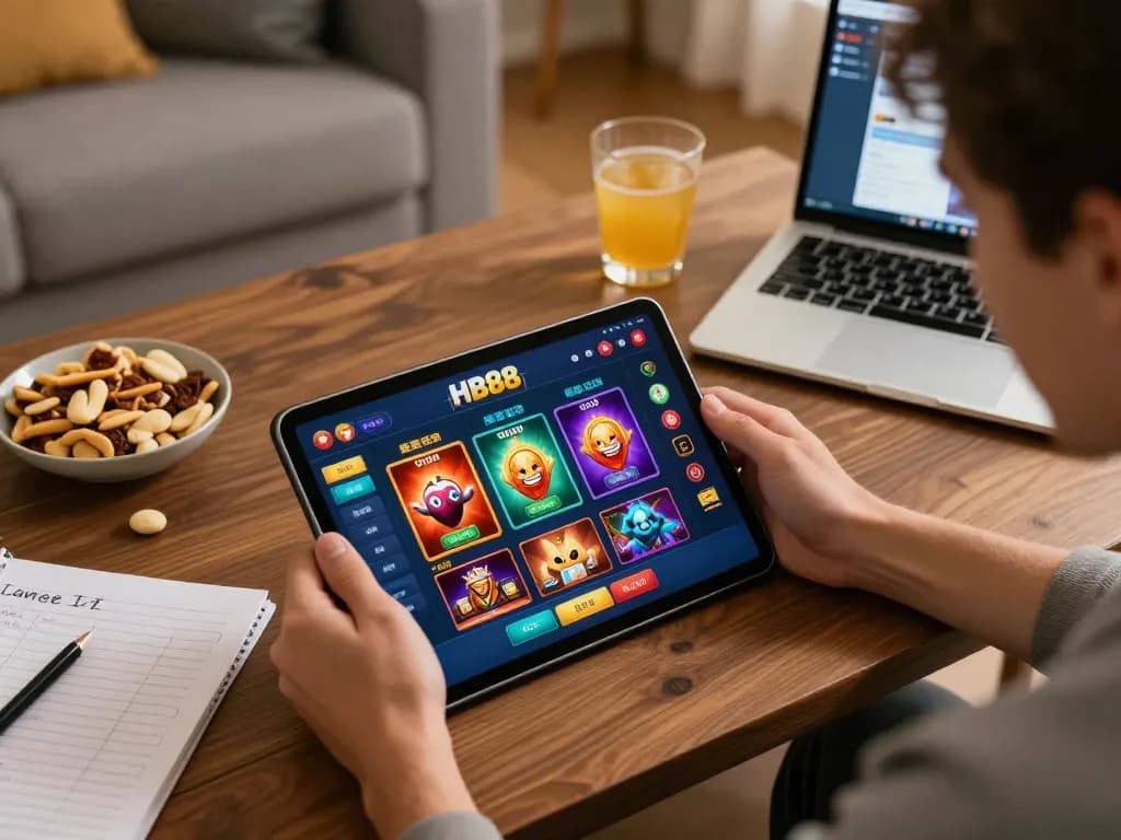 HB88 player engaging in online casino gameplay on tablet, vibrant home setting with strategy notes.