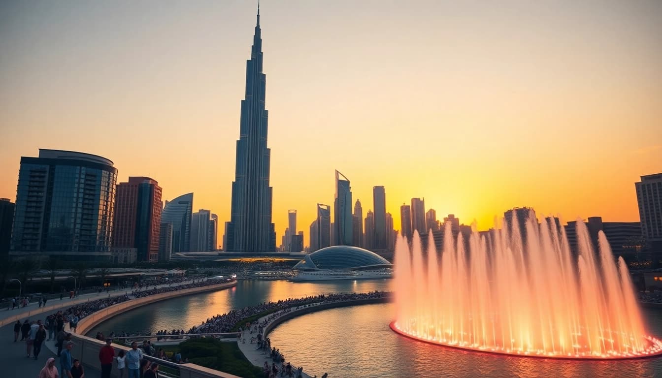 Explore spectacular skyline at sunset for your Travel to Dubai adventure, highlighting Burj Khalifa and vibrant city life.