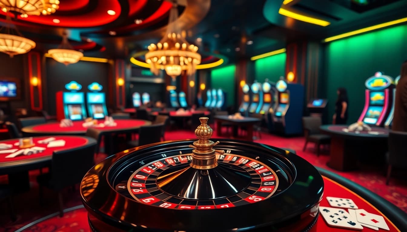 F168 casino scene showcasing roulette and poker excitement with vibrant chips and cards.