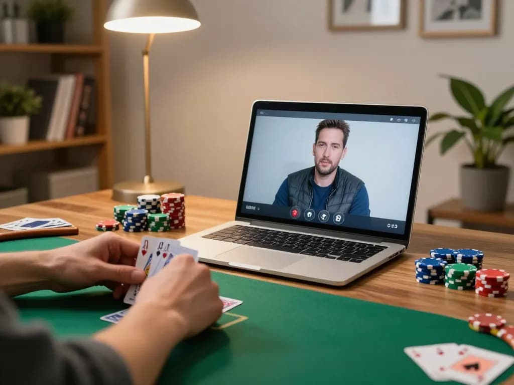 Engaged player strategizing poker on BEM88 com laptop in cozy home office setup.