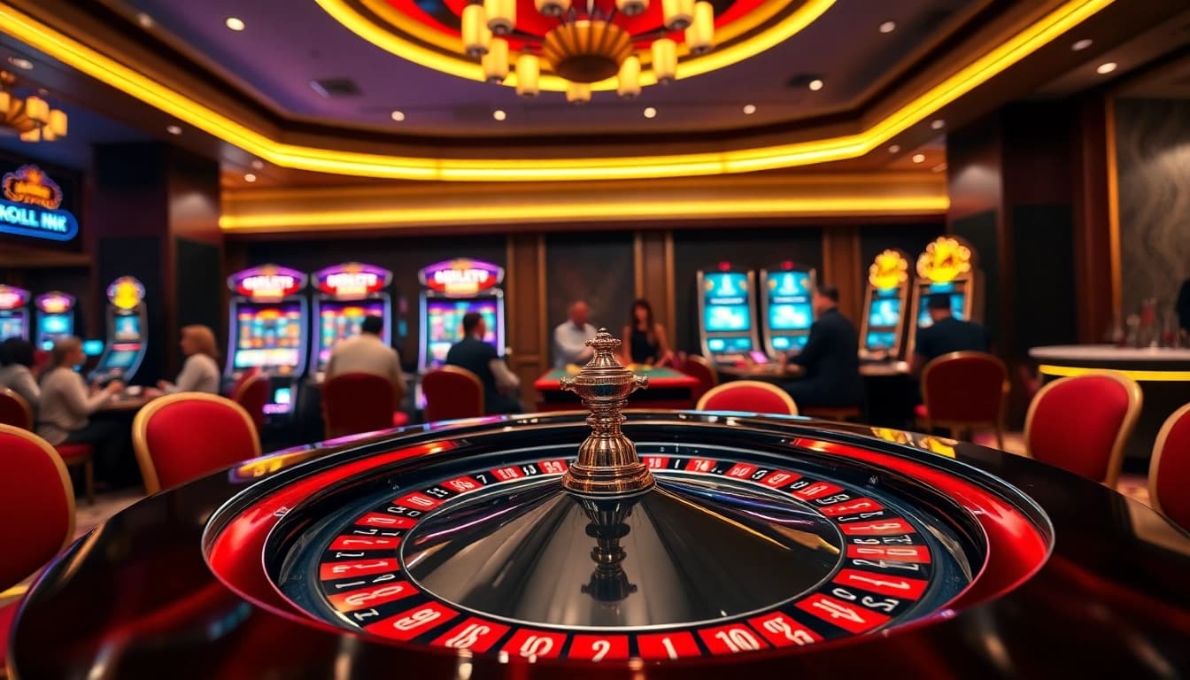 Kubet77i.ink showcases an exciting casino scene with poker chips and a roulette table for gamblers.