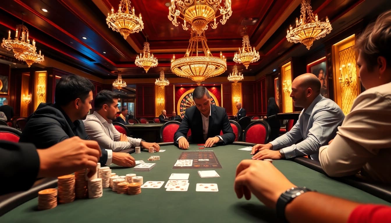 Experience the thrill of gambling at Rikvip with a high-stakes poker scene showcasing vibrant casino action.