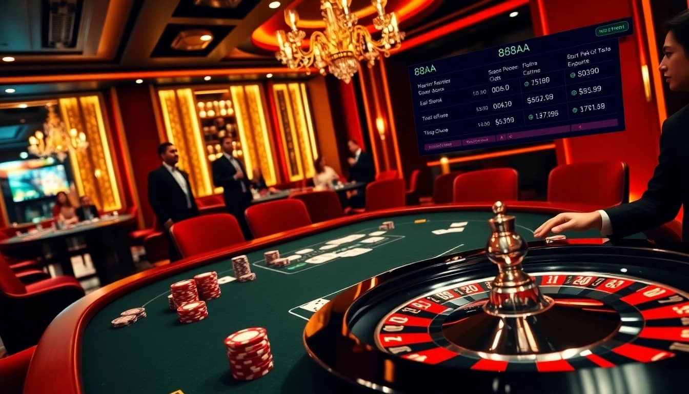 Experience the thrill of 88aa with vibrant casino tables, poker chips, and a roulette wheel.