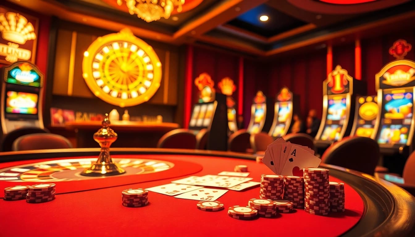 Experience high-stakes excitement with fun79 at an elegant casino table showcasing poker and roulette.