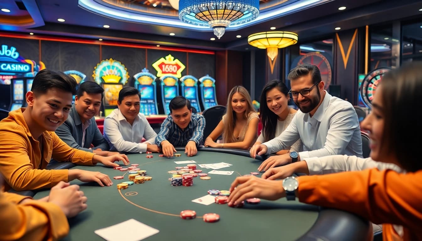 Experience the excitement of BJ88 nhà cái casino with vibrant gambling visuals at a poker table.