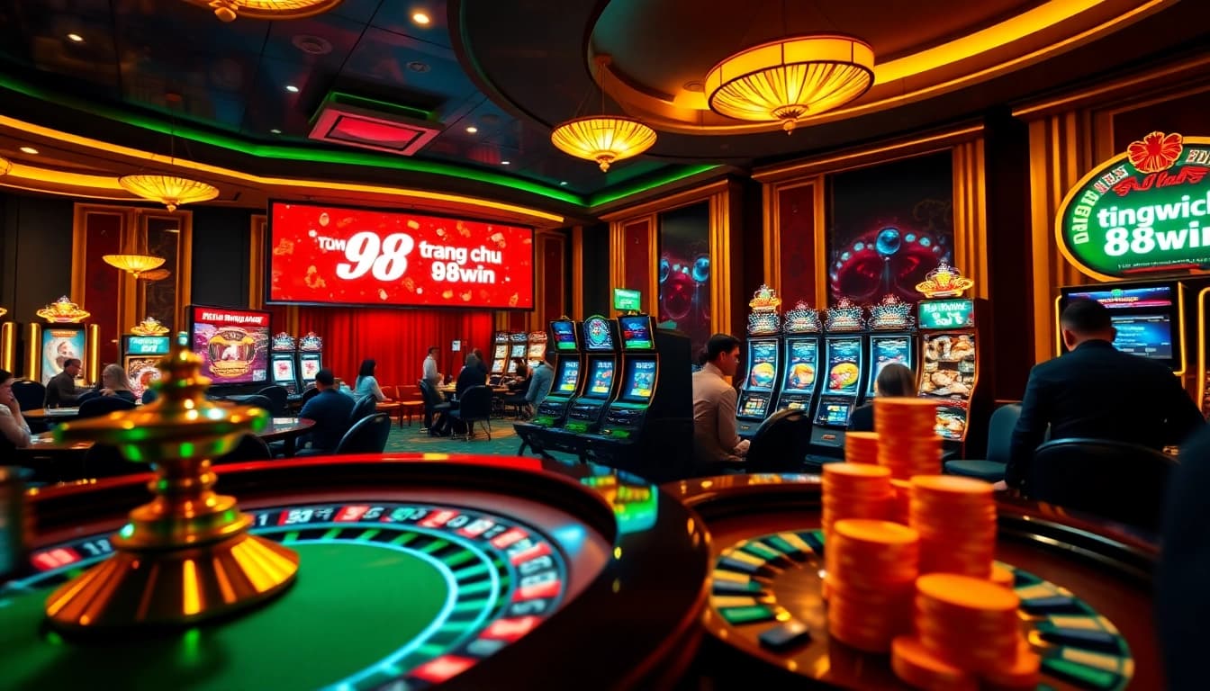 Exciting scene of online gambling at trang chu 98win with players at a roulette wheel and vibrant slot machines.