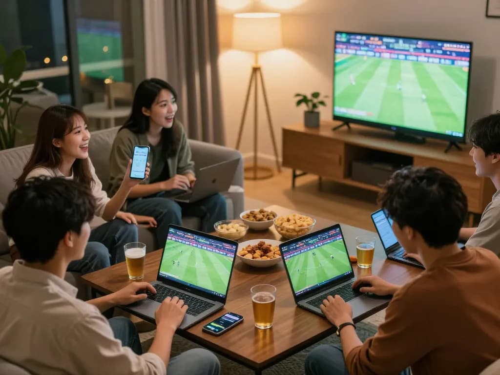 Friends using lương sơn tv for live sports betting, showcasing excitement in a cozy home setting