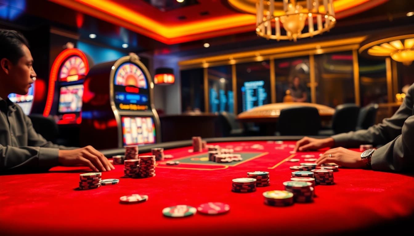 Capture the excitement of a high-stakes game at 98 win casino, featuring poker, roulette, and bright slot machines.