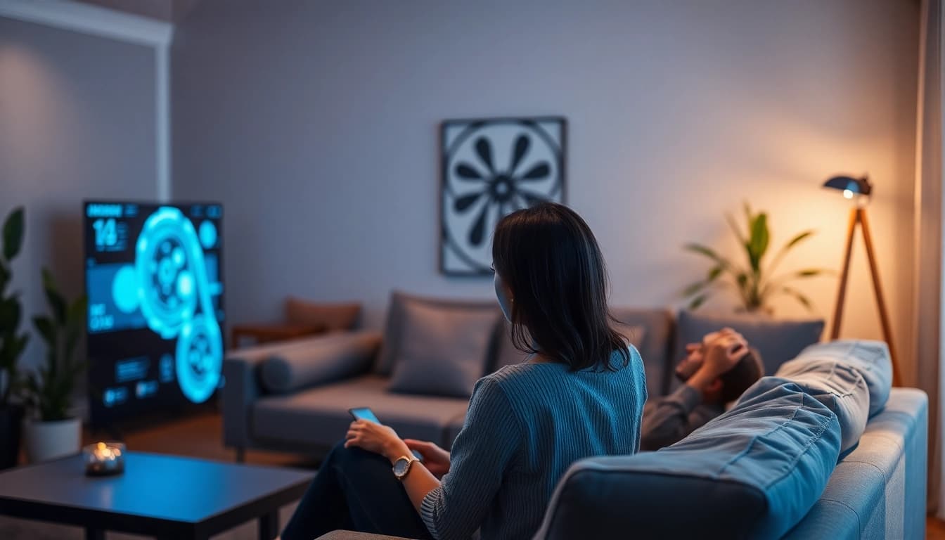 Couple exploring sex AI technology in a stylish living room setting