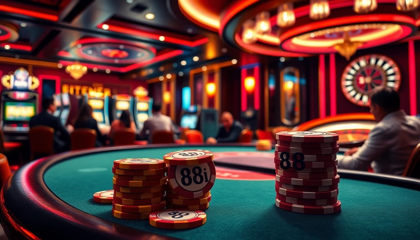 High-stakes poker action with vibrant casino décor and '88i' poker chips in focus.