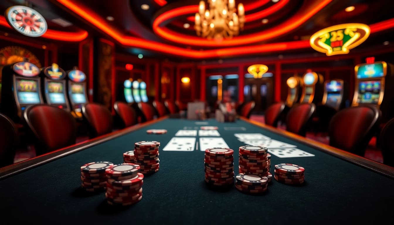 Players enjoy an engaging poker game at SHBET, showcasing chips and cards in a luxurious casino setting.
