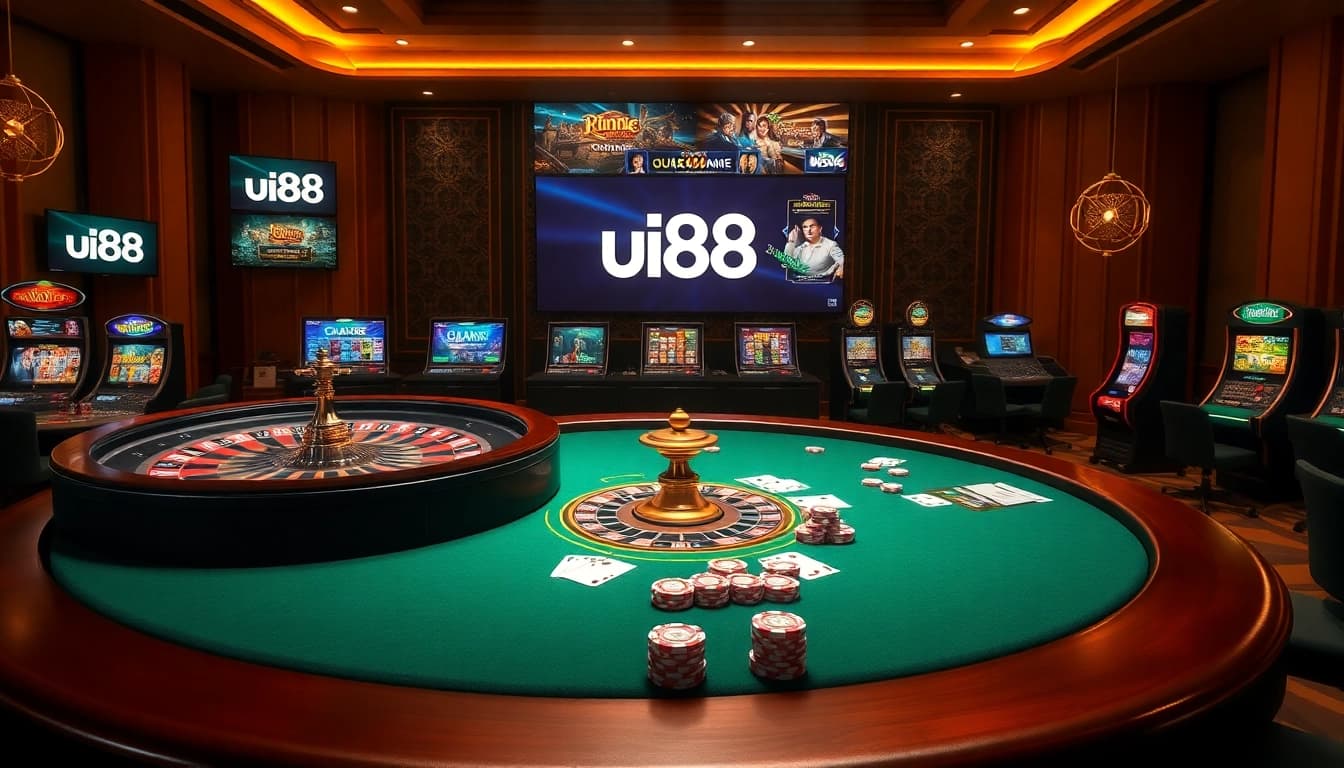 Play exciting casino games at uu88 featuring roulette, poker tables, and vibrant slot machines.