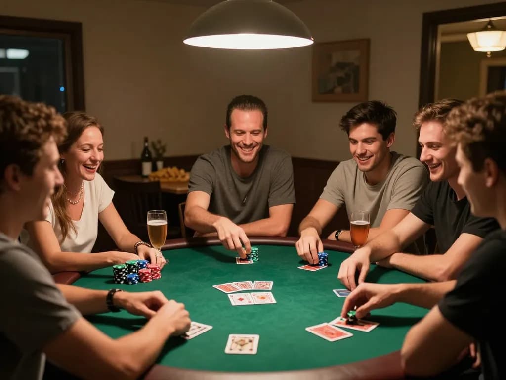 Engaged players enjoying a lively poker night at home, emphasizing the fc88 gaming excitement and camaraderie.
