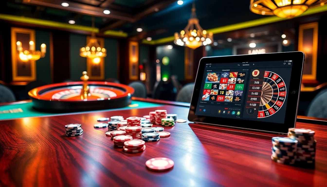 Experience excitement at https://tt88edu.com/ with vibrant casino chips and a glowing roulette wheel.