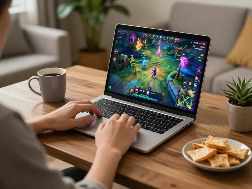 Engaging in thrilling game bài gameplay on a laptop in a cozy home setting