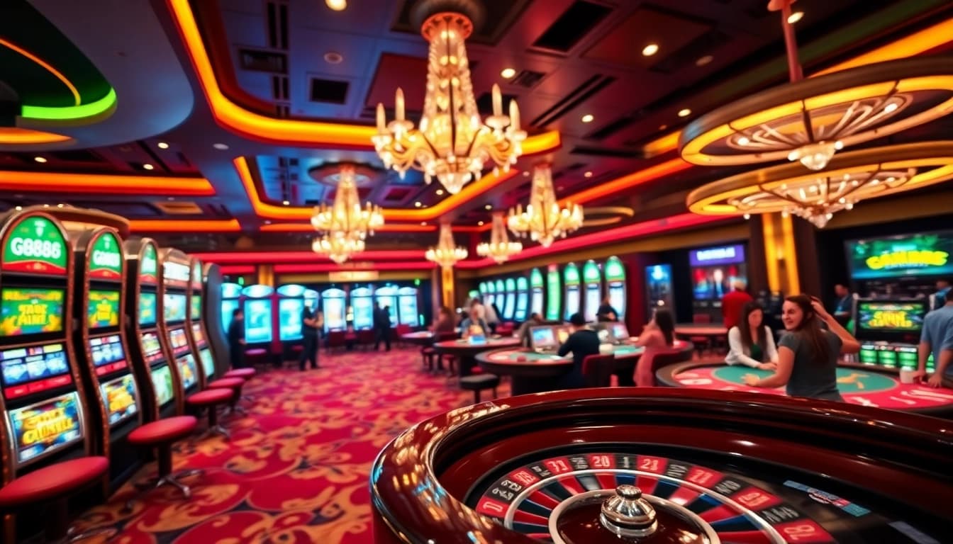 Experience high-stakes gaming at GK88's luxurious casino tables with vibrant slot machines.