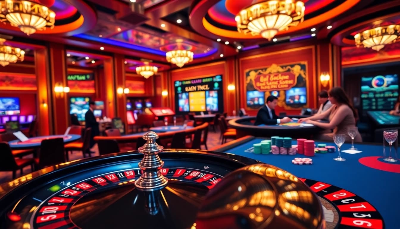 Join the excitement of gaming at 789win trang chu, featuring roulette tables, poker activities, and vibrant casino elements.
