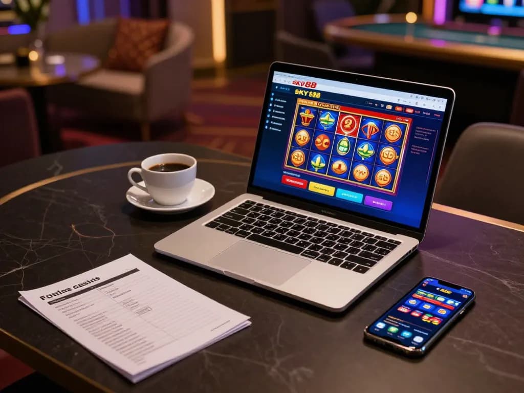 Engaging online gaming session at sky88 casino featuring vibrant slots and strategy notes.