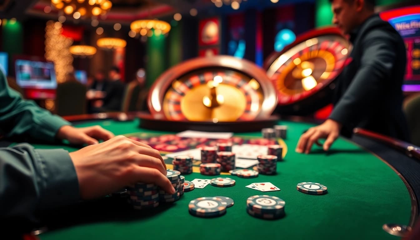 Experience the thrilling vz99 casino gameplay with players engaging at a luxurious poker table.