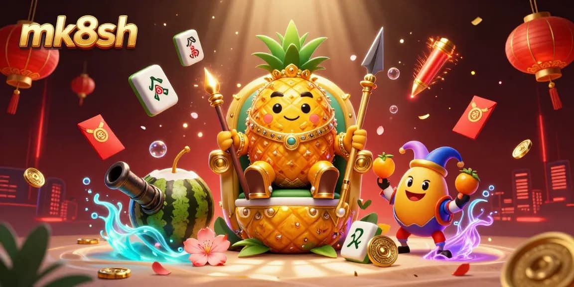 Witness the vibrant casino scene of mk8sh with the golden pineapple king, exciting game symbols, and dynamic elements.