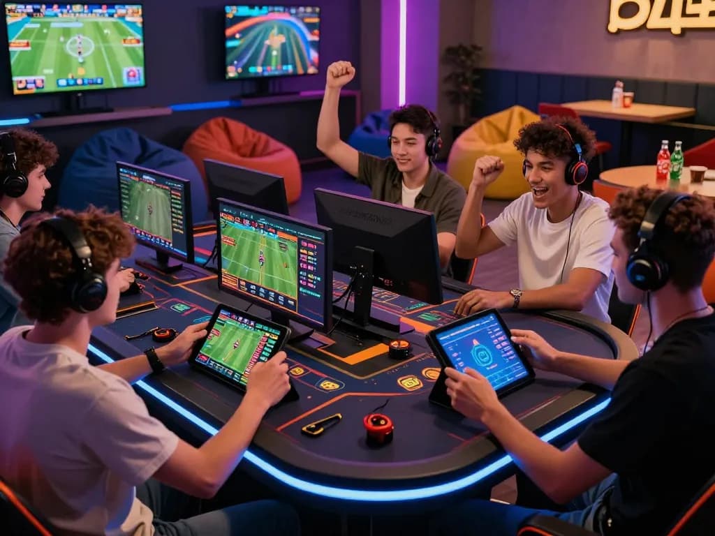 Engaged players in a modern gaming lounge betting on bong99 sports events.